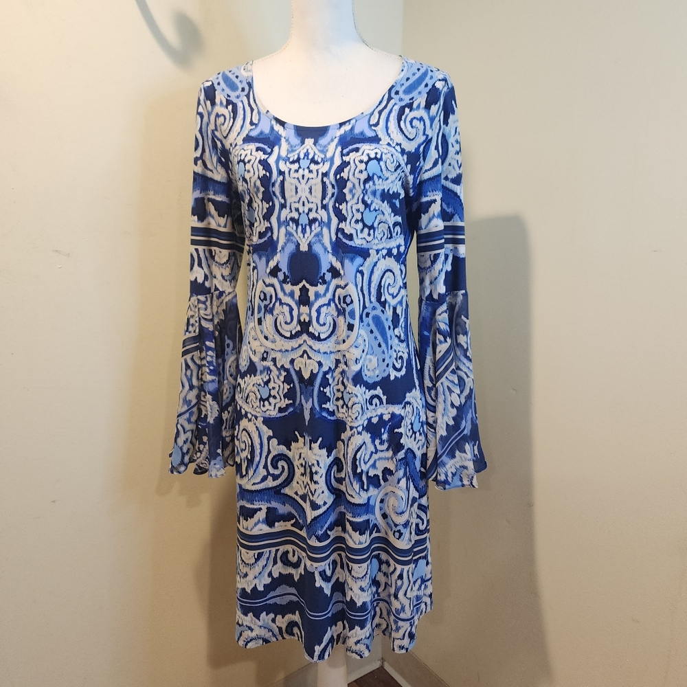 MSK Blue and White Patterned Bell Sleeves  Dress S
